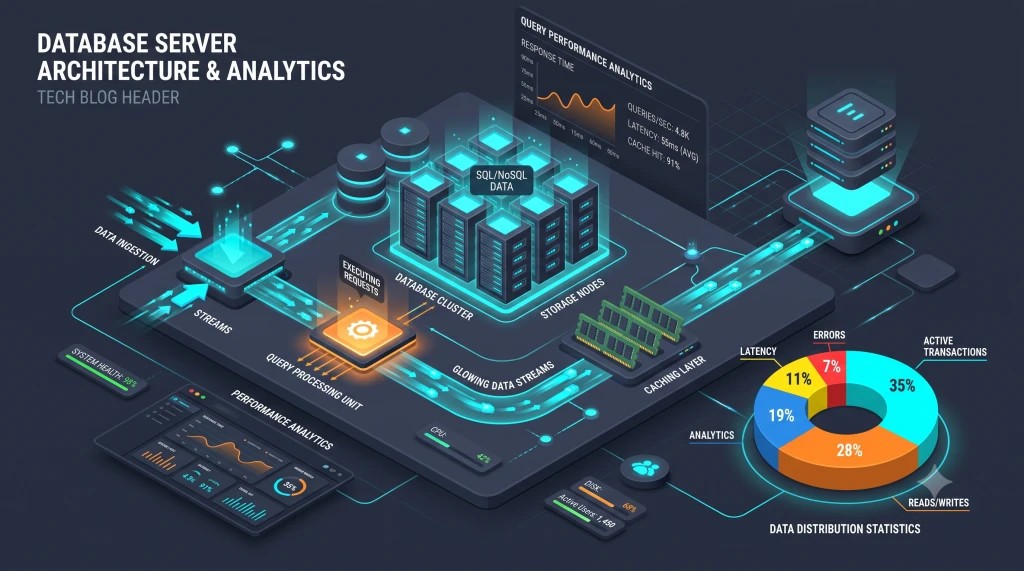 An isometric 3D illustration of a database server architecture
